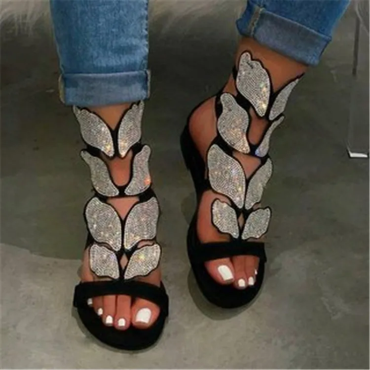 

Jewelled embellished butterfly decor hollow out women shoes round open toe lady flats sandals back zip female footwear