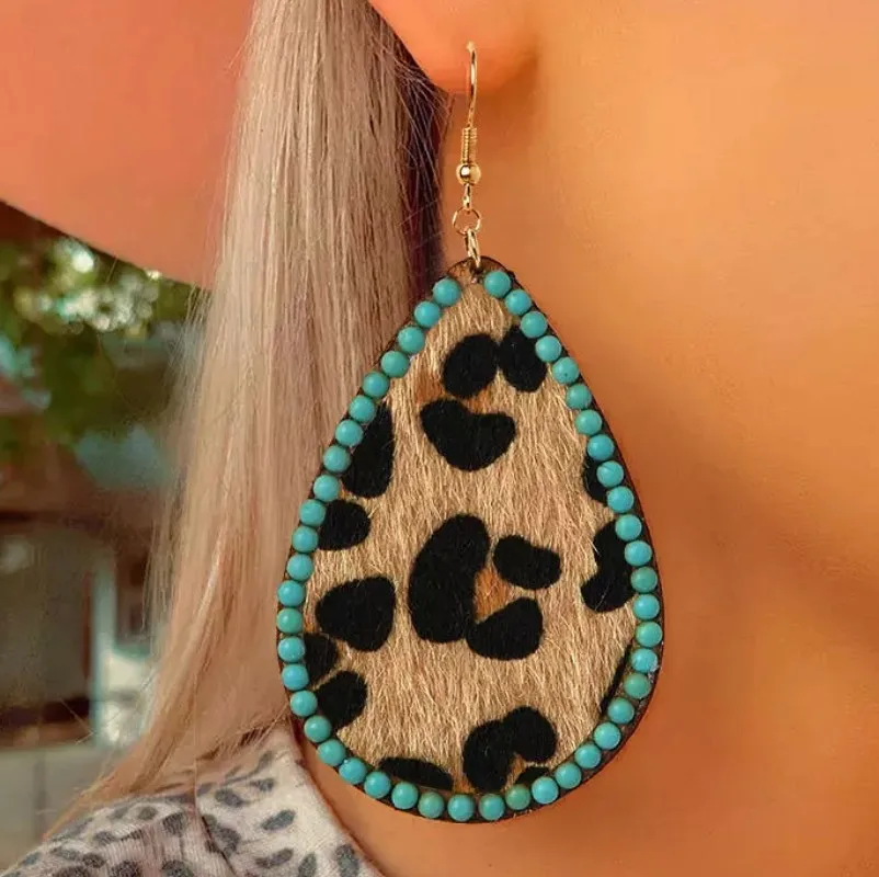 

Fashion Teardrop Leopard Drop Earring Women Jewelry Gold Earring Waterdrop Turquoise Beads Dangle Earring