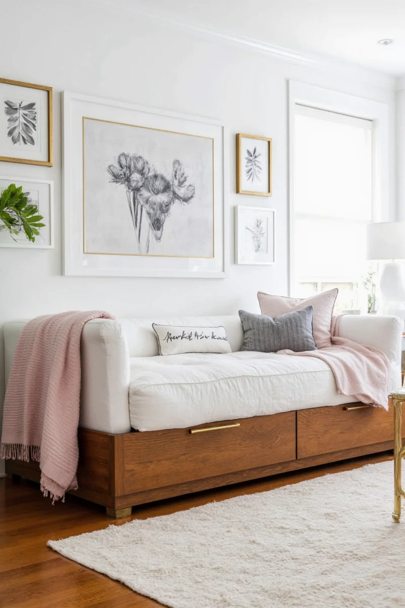 Daybed sitting on top of a large, patterned area rug.