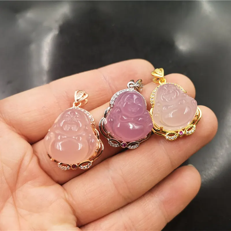 

S925 Micro Paved Pink Natural Jade Buddha Pendant Necklace Gold Silver Rose Gold Tiny Agate Buddha Pendant for Women Girls