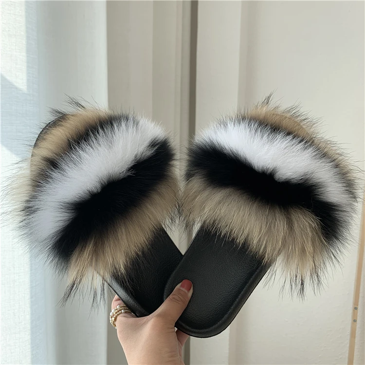 

Hot sale Cheap fox Raccoon Fur Slides for Women luxury designer winter fur slippers, Customized color