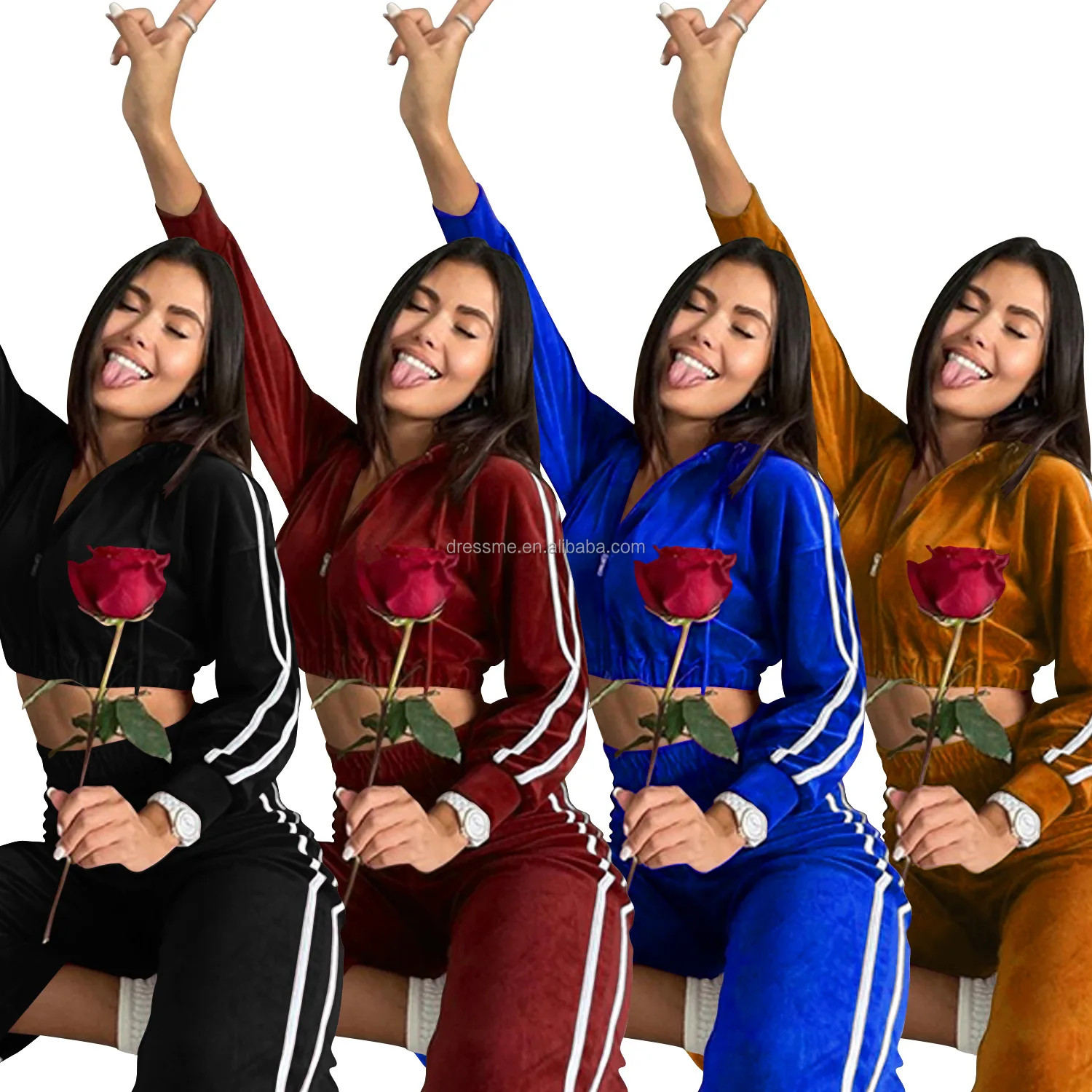 

MT108-5338 Winter wholesale women's solid color long-sleeve velvet hoodie with trousers suit casual ladies two piece pants set