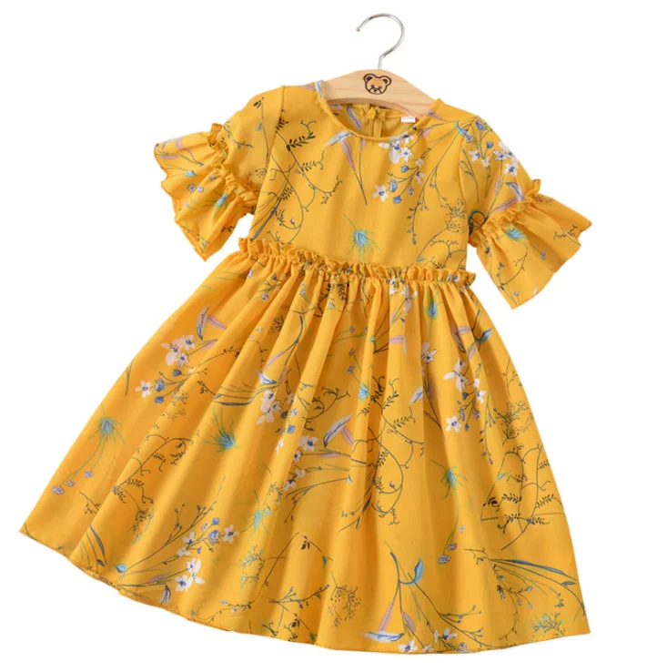 

Factory direct Floral chiffon dress short sleeve Korean version baby girl dresses summer, Yellow/pink