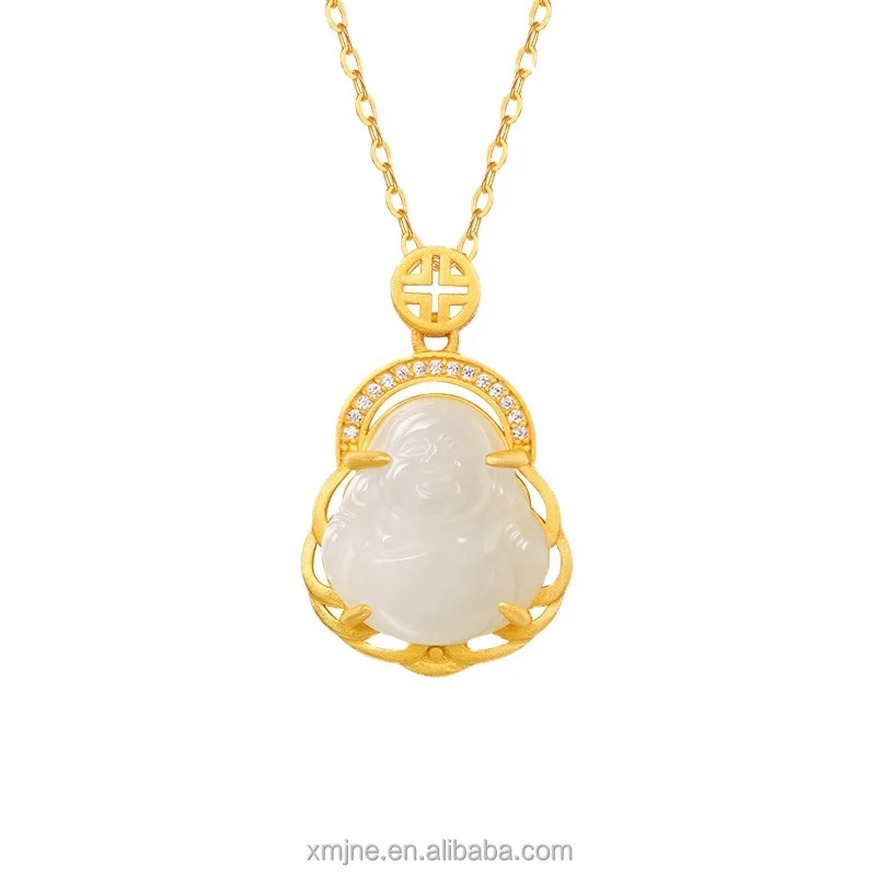 

Certified S925 Ancient Silver Gold-Plated Inlaid Jade Big Belly Buddha Pendant Necklace Natural Hetian White Jade Silver Jewelry