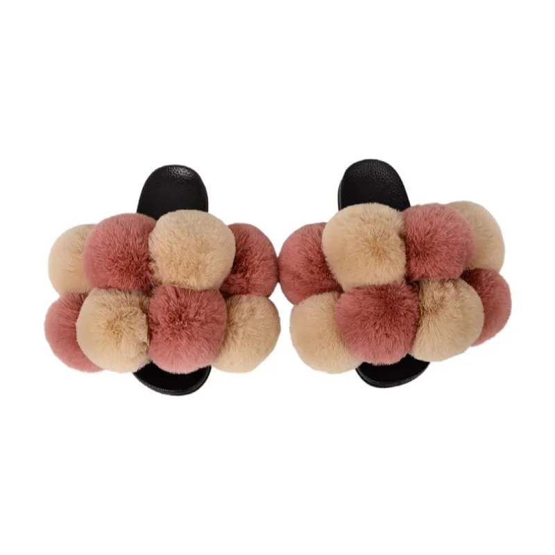 

soft fur slipper with fur balls puff ball fur slides, Red,blue ,green ,orange ,brown and so on