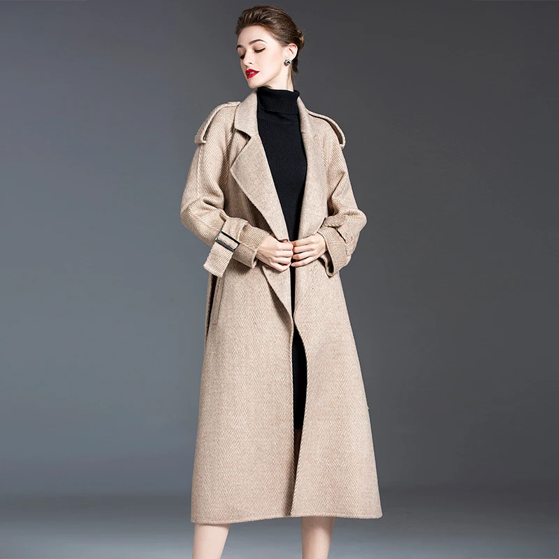 

Autumn and winter 2021 new high-end medium length popular loose a-swing double faced tweed coat cashmere coat