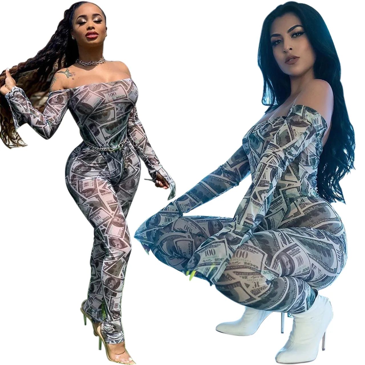 

Wholesale Mesh Printed One Shoulder Tracksuit Tight Slim Long Sleeve Trousers Outfits Sexy Nightclub Two Piece Pants Set, Shown