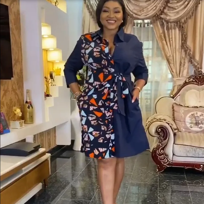 

Ladies Midi Dresses Women Long Sleeves Printed Floral Office African Shirt Dress
