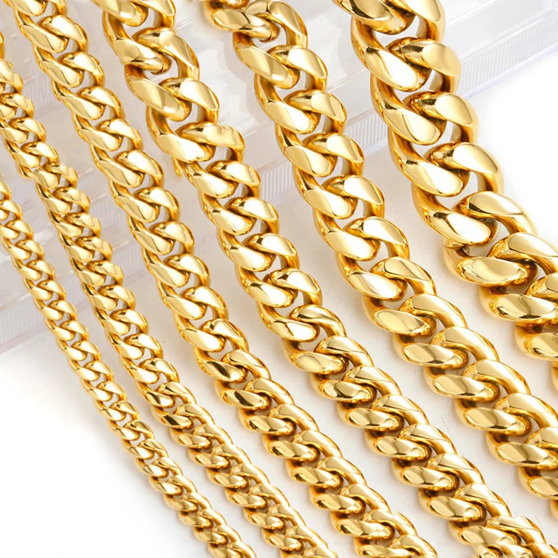 

17KM Stainless Steel 18K Gold plated Chunky Cuban Chain Necklace Hip Hop Fashion Jewelry for Women Men, Picture shows