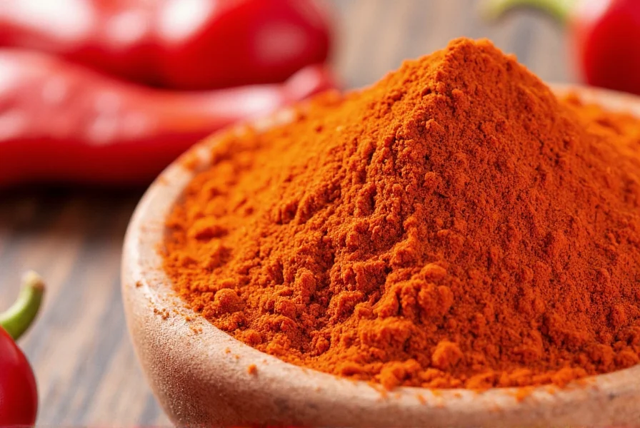 Close-up of sweet paprika powder in a wooden spoon against a white background showing its vibrant red color
