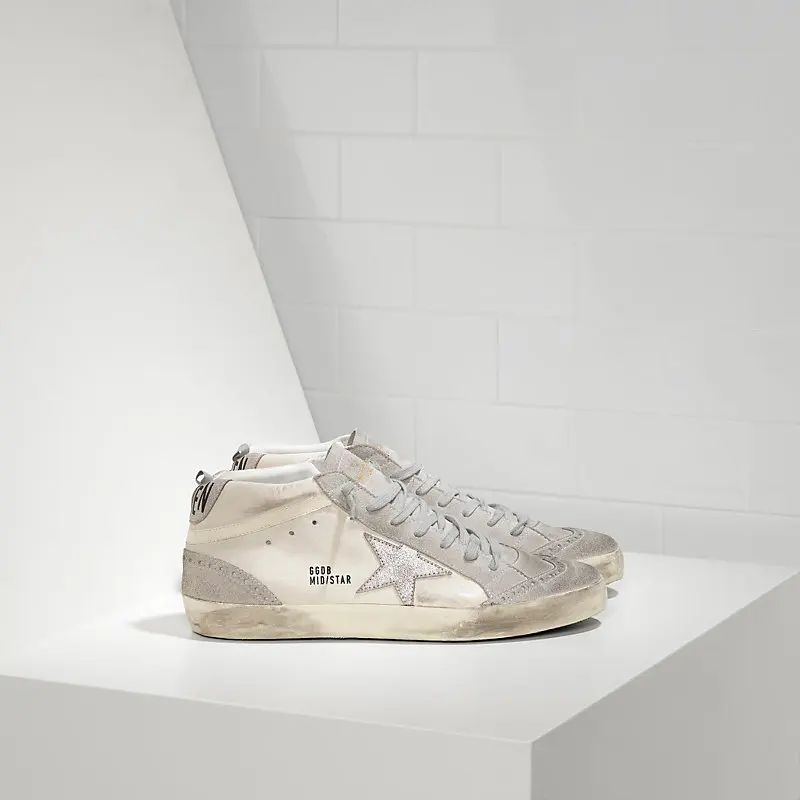 

Goldens Sneakers Gooses MID STAR in Pelle e Stella in Camoscio WHITE SILVER STAR Dirty Shoes, 20colors