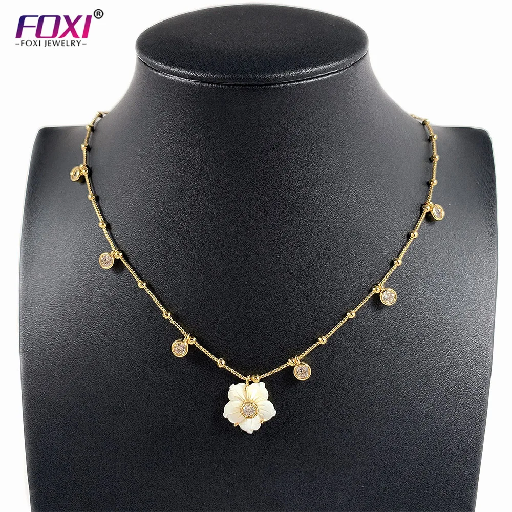 

18 inch 45cm joias gold plated mother pearl flower zircon jewelry necklace