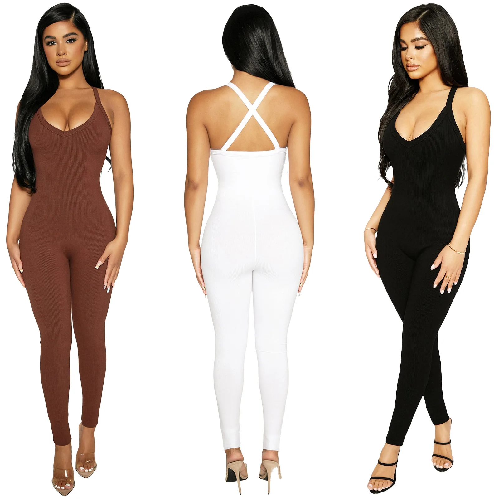 

DUODUOCOLOR New style solid color halter neck jumpsuit 2021 sexy deep v neck bodycon bodysuit romper D10400, White, black, brown