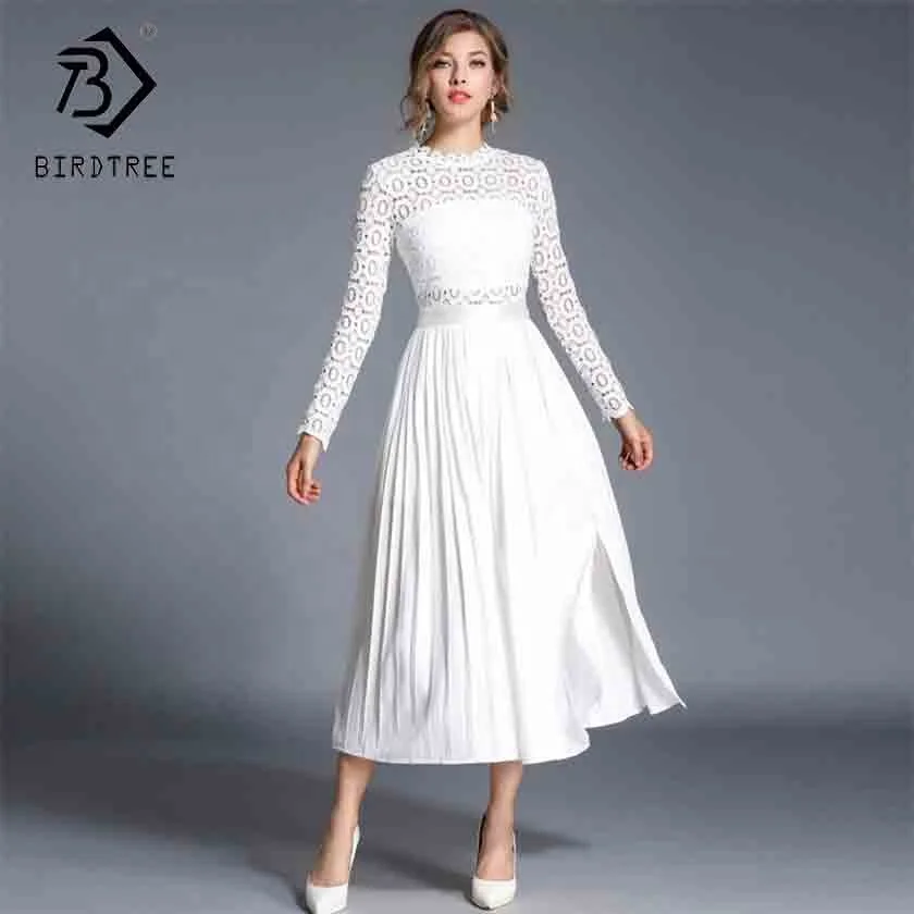 

Autumn Women Hollow Out Lace Patchwork Tunic Split Pleated Elegant Casual Long Sleeve Stand White Dresses D90201B
