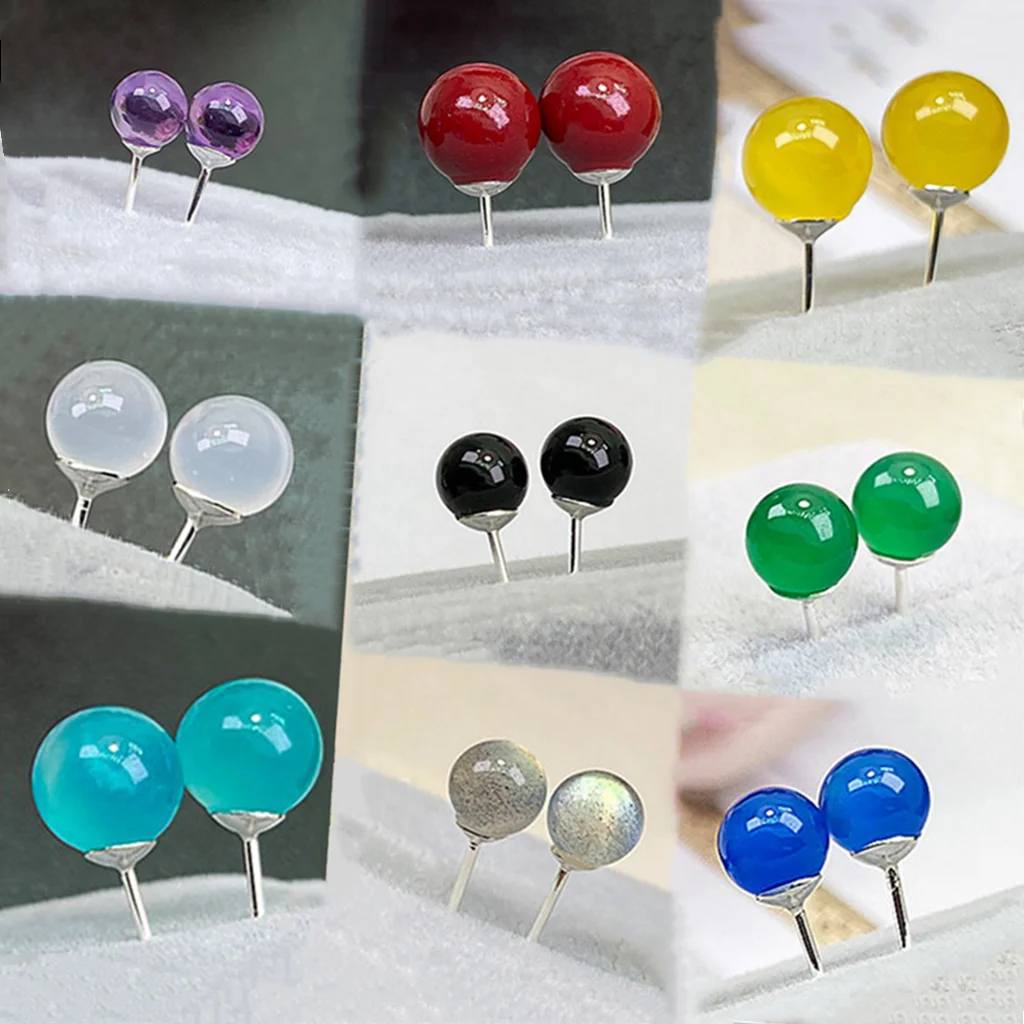 

925 Sterling Silver Inlaid Garnet Strawberry Crystal Moonstone Agate Jade Round Beads Natural Stone Stud Earrings