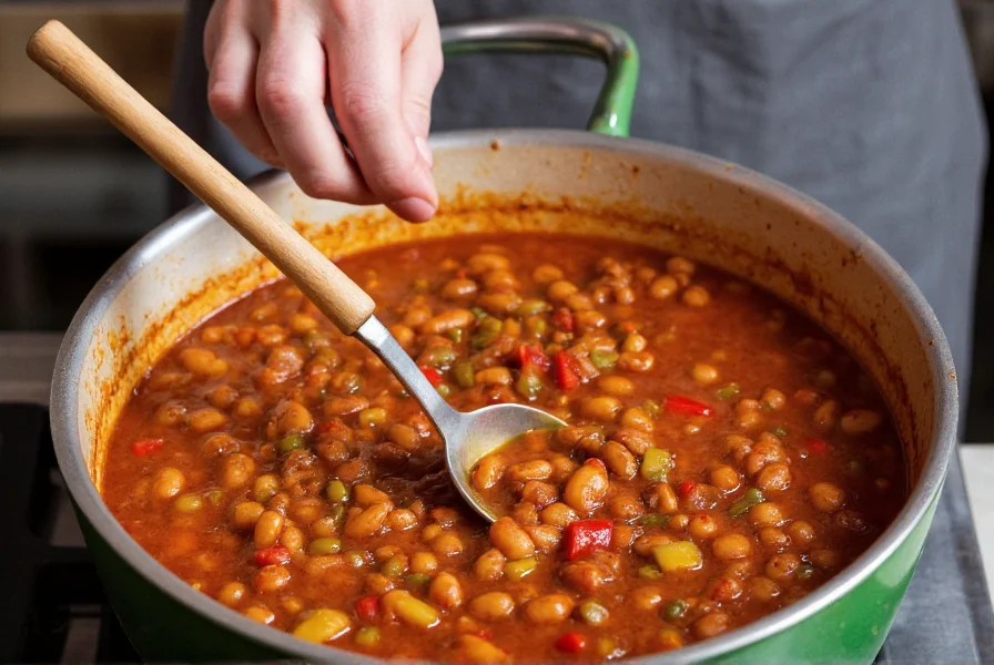 Professional chef stirring large pot of vegetarian chili with visible beans, peppers, and spices