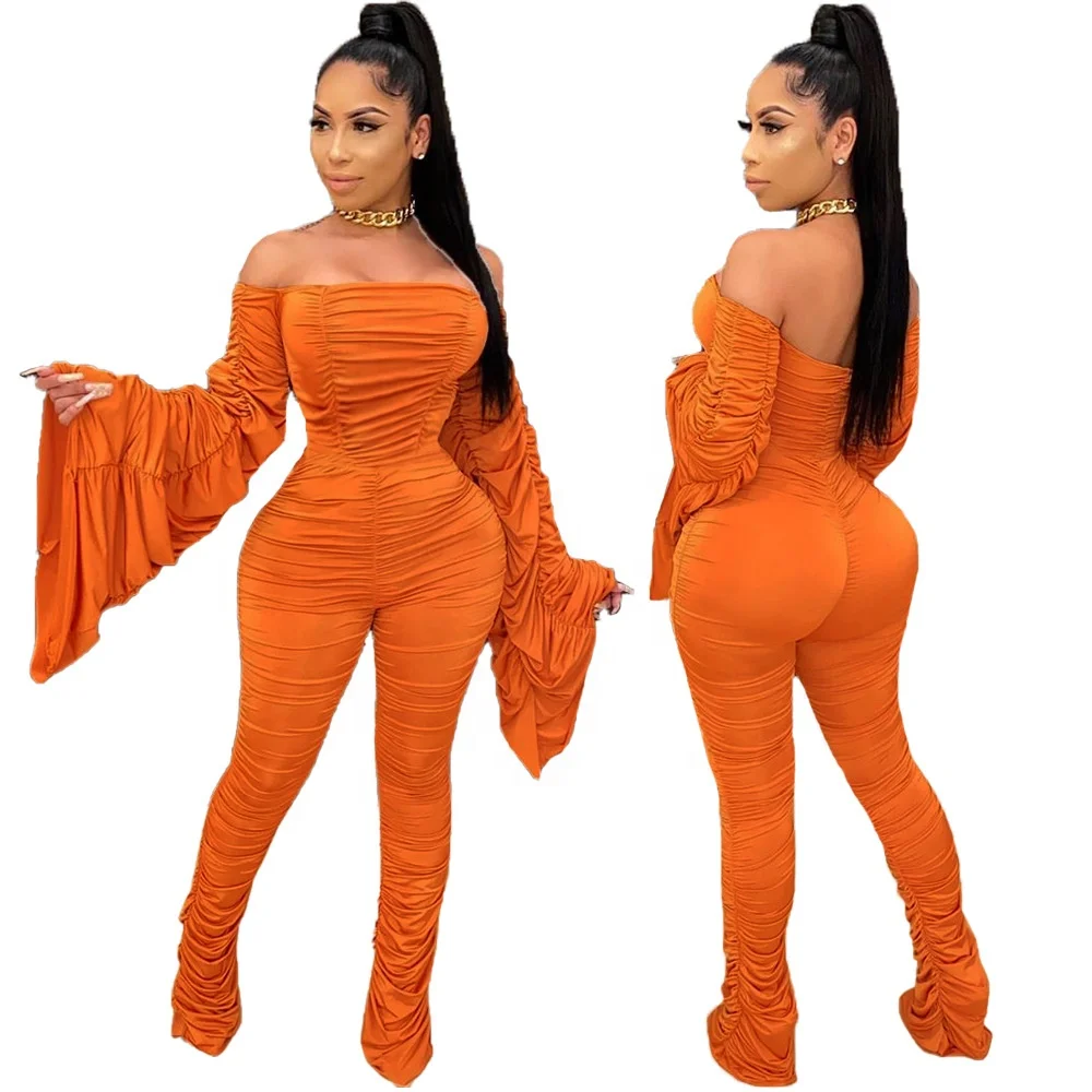 

MT128-3029 Fashion pleated flared long-sleeved trousers sexy one-shoulder jumpsuit