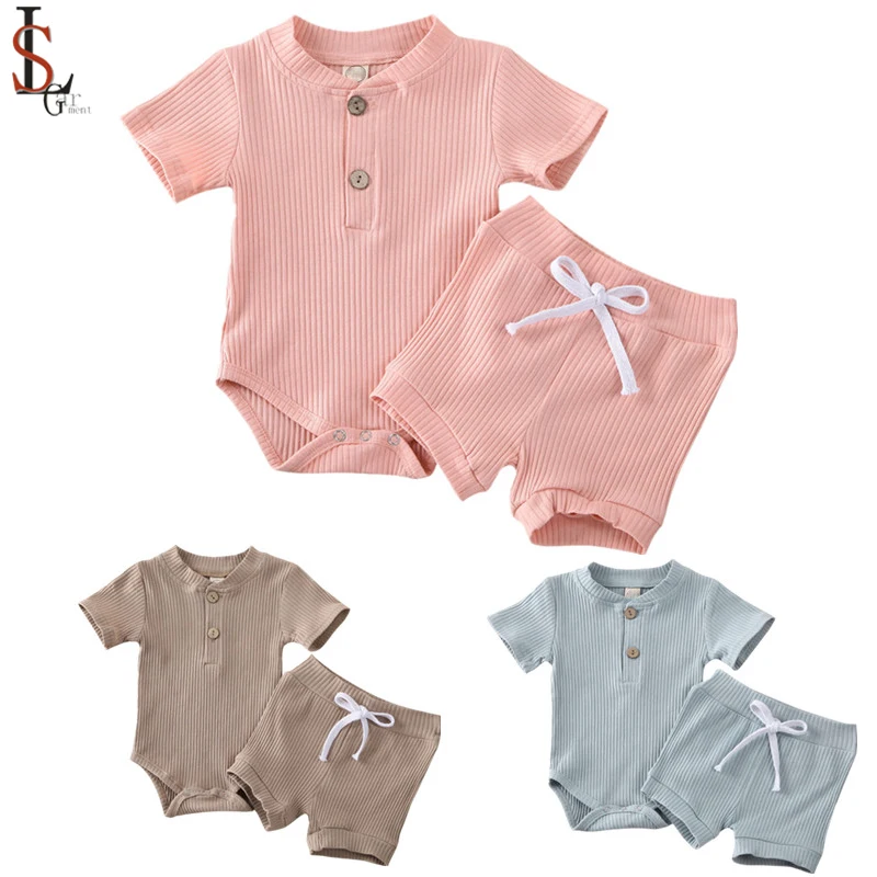 

0-24M Newborn Kid Baby Boy Girl Clothes Soft Cotton Romper Bodysuit Shorts Ribbed Solid Outfits Summer Set Wholesale, Pink,brown,sky blue or customized