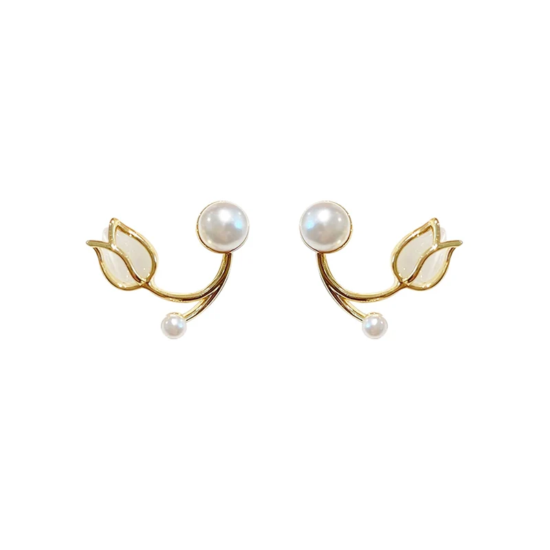 

ED65990 Simple 925 Silver post Opal Stone Tulip Pearl Fashion Stud Earrings Gold Plated Women Jewelry