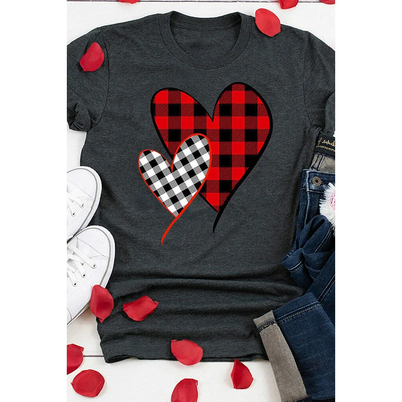

New Fashion Summer Women's Plaid Graphic Print Round Neck T-shirt, Customized plaid heart tee