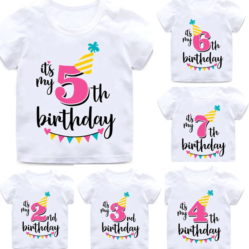 

Girl Birthday Cartoon T Shirt For Girls Tshirt Number 2 3 4 5 6 7 8 Graphic Kids Clothes Boys Letter Print Summer Short Sleeved, Picture shows