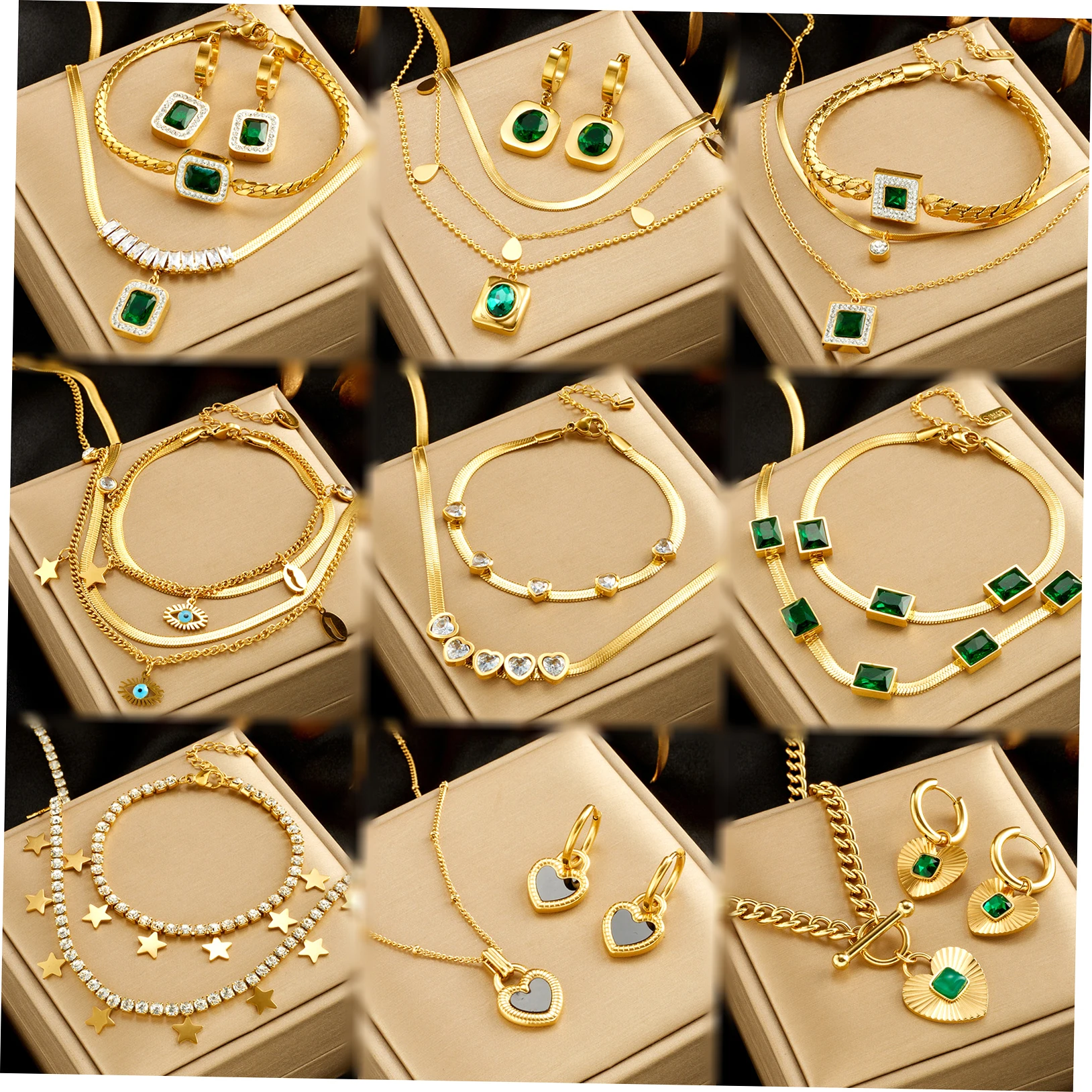 

Dainty Stainless Steel 18k Gold Emerald Zircon Heart Eye Layered Pendant Necklace Earrings Bracelet Women Jewelry Set For Gift