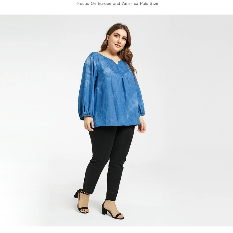 

wholesale Top Selling V-neck bubble sleeve denim tie dye Plus Size Women Clothing Blouse&Tops