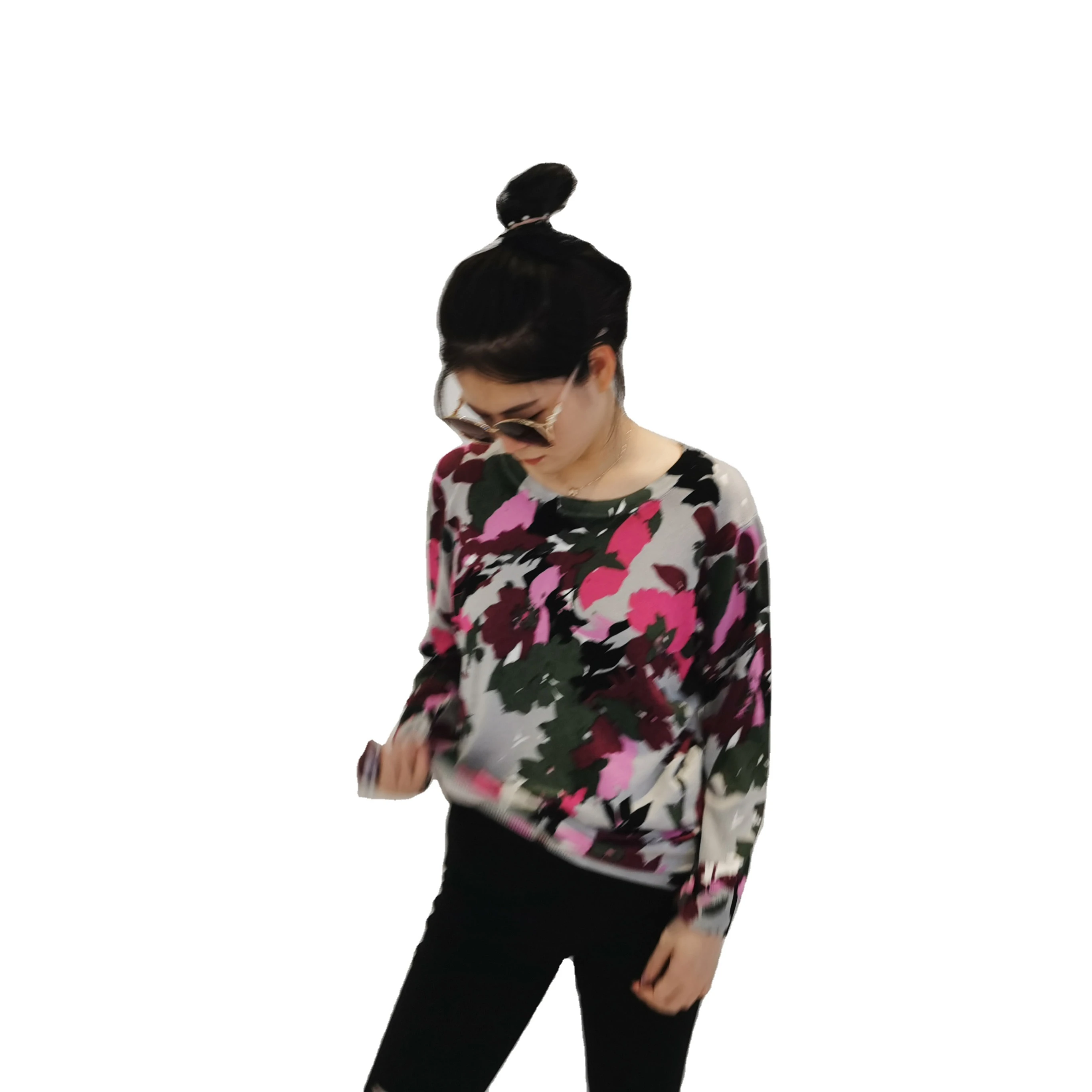 

Cheap Price Spring Round Neck Casual Long Sleeve Flower Pattern Women Sweater