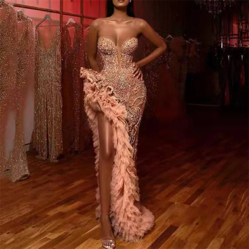 Women Luxurious Evening Dress Sleeveless Lace Beads Mermaid Backless Prom Gowns With Ruffles High Slit