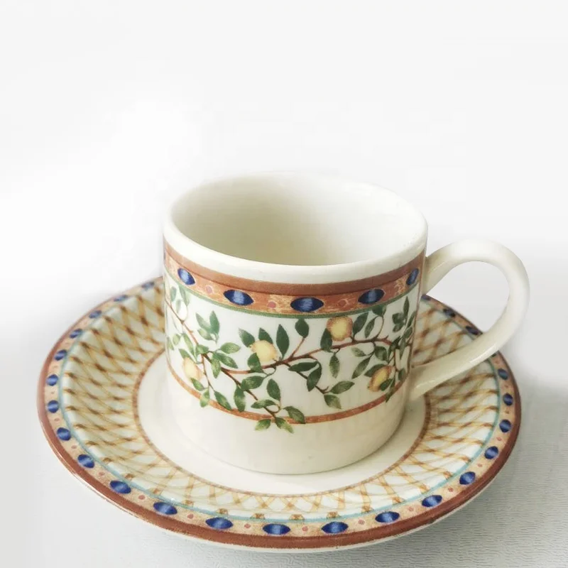 

Markdown Sale British lemon tree retro ceramic coffee or tea cup saucers, Lemon color/yellow-brown