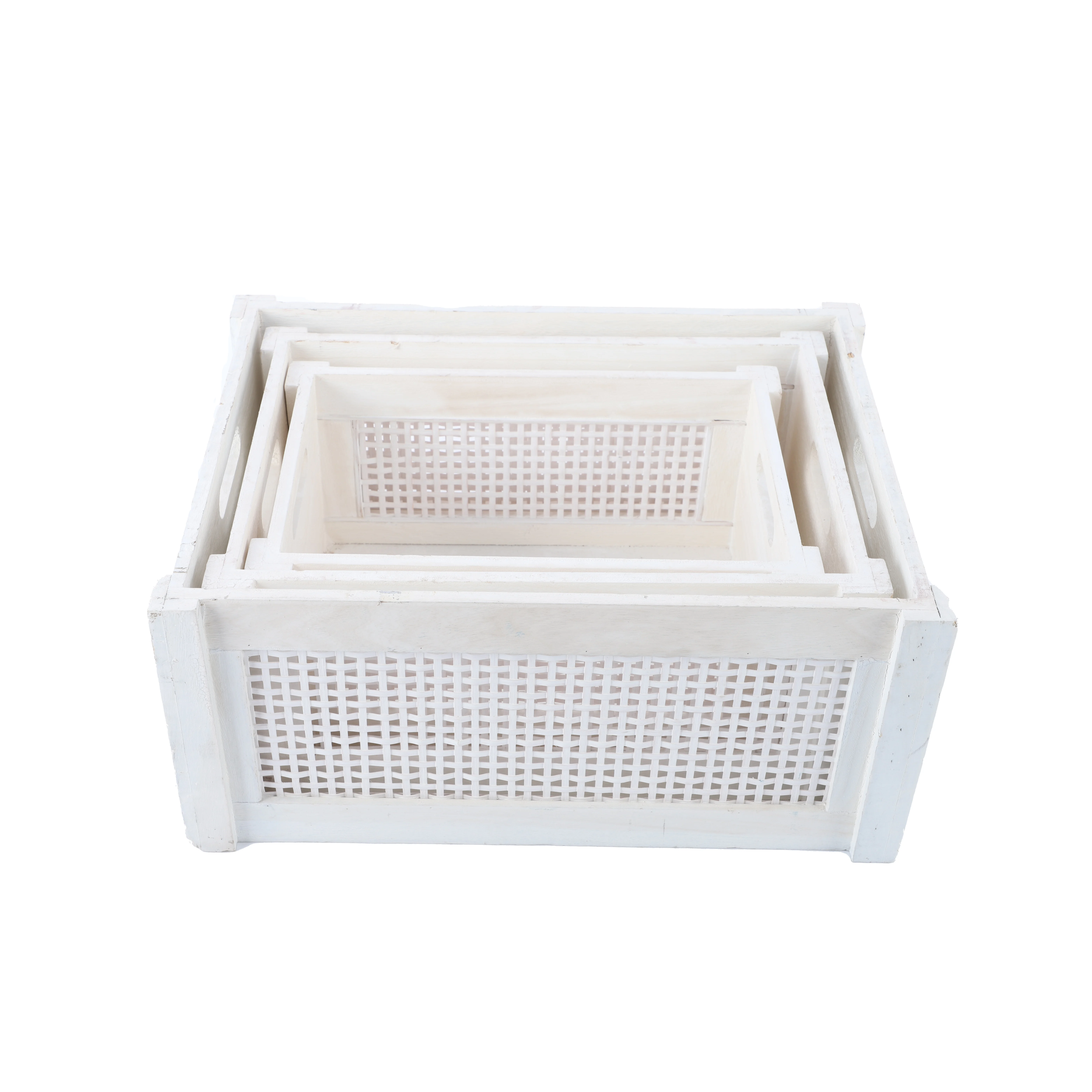 

Hot Sale Custom Rectangular White Mesh Wood Storage Box with Side Cut Handle Set