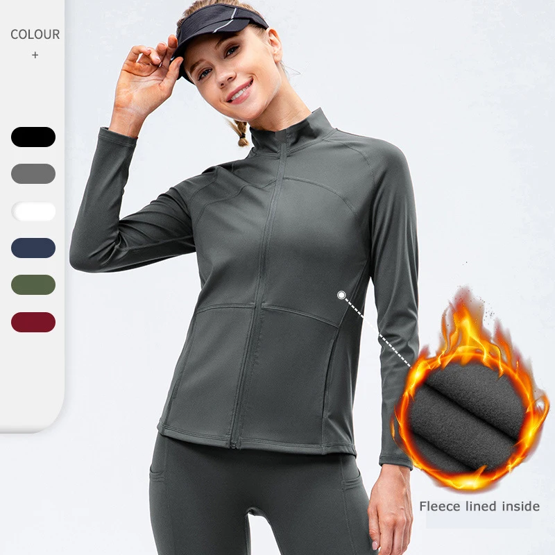 

74 Nylon 26 Spandex Zip Long Sleeves 2021 Winter Custom Logo Fleece Fitness Training Sports Women Running Jacket, 6 colors