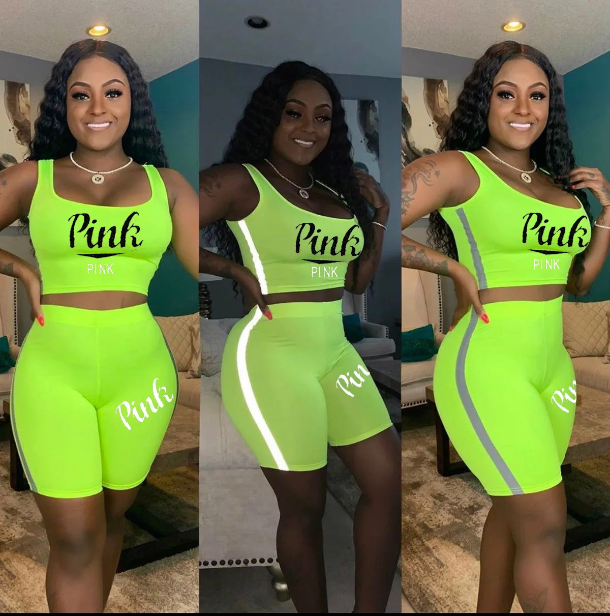 

Amazon hot sale women's fashion sports reflective strip letter printing two-piece suit neon crop top, Picture show