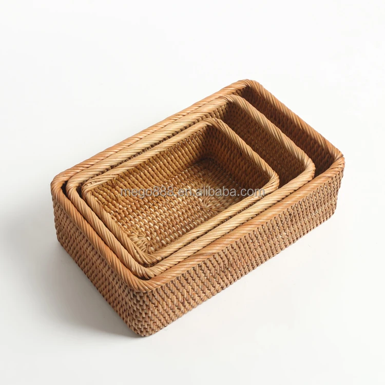 

Rattan hand woven fruit storage basket rectangular serving wicker tray with handles Bread Cake Pastries basket home Storgae, Natural