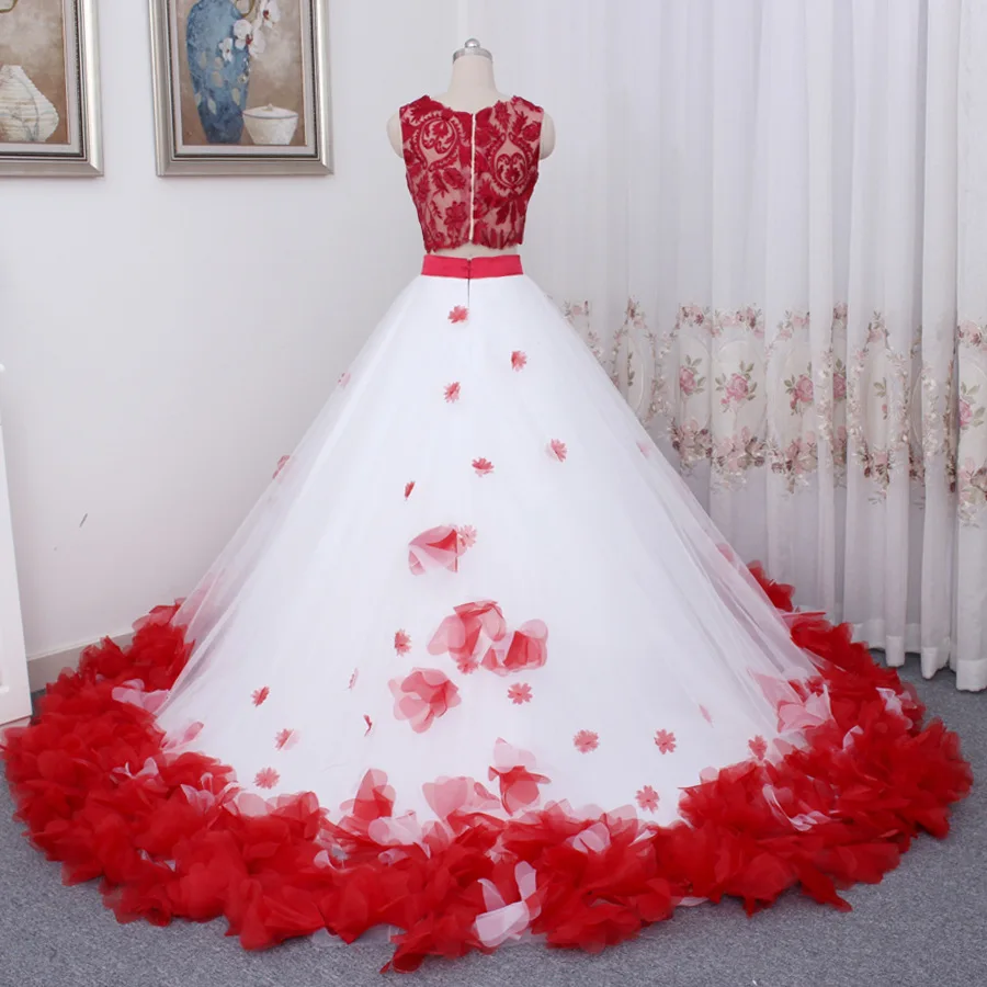 

Fashion Brautkleid Sleeveless Puffy Skirt Two Piece Red And White Wedding Dress Lace