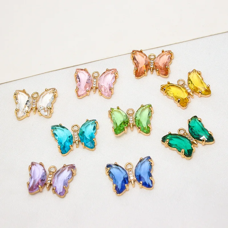 Gold CZ Crystal Butterfly Charms Brass Colored Glass Zircon 3D Butterfly Pendant Wholesale