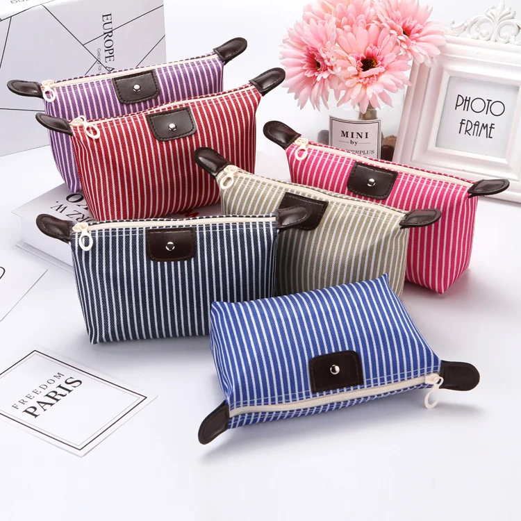 

Wholesale Cheap Price Stripes Design Zipper Storage Wash Bag Waterproof Nylon Foldable Makeup Cosmetic Bags For Women, Rose-red purple navy-blue blue beige red