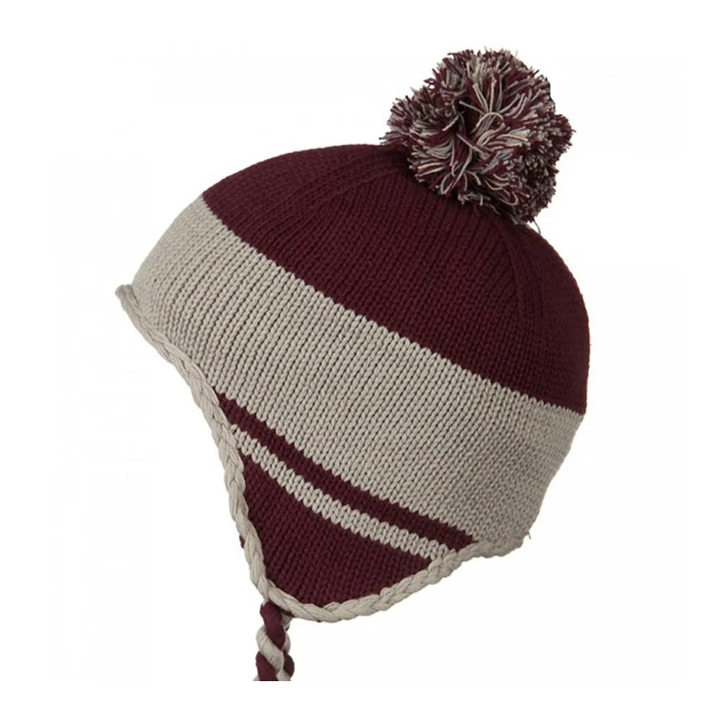 秘鲁风格针织耳罩滑雪帽栗色灰色棉丙烯酸绒球保暖冬帽批发 - buy ear