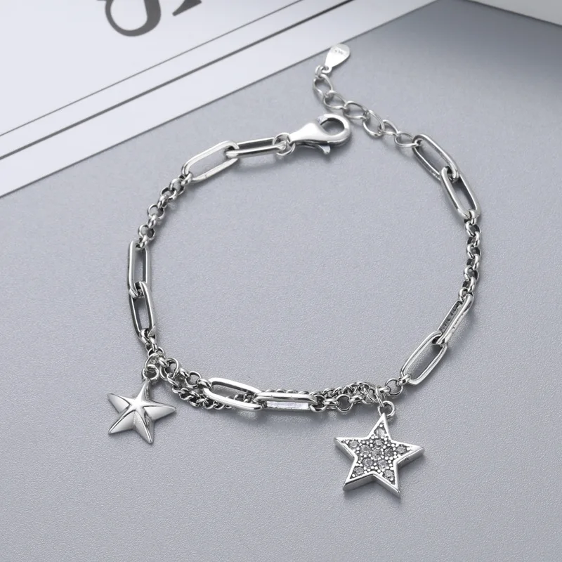 

HONGTONG Factory Outlet 2021 Spring S925 Sterling Silver Retro Hip Hop Micro Inlaid Double Tassel Star Bracelet