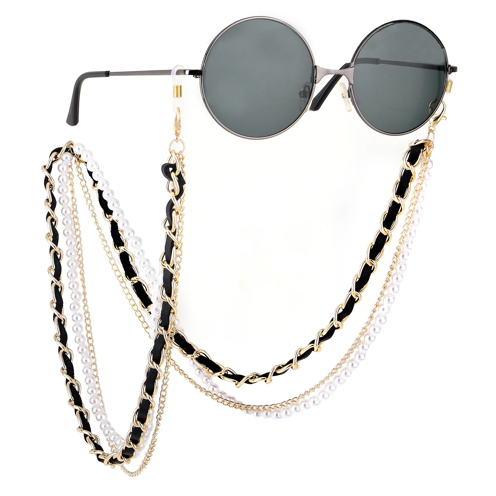 

Black PU Leather Gold Three layered Lanyard Face Masking Holder Beaded Pearl Sunglasses Chain Lace Cord Strap cadenas para gafas