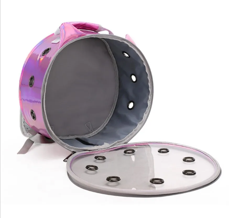 

Artificial leather and plastic clear outside portable round pet backpack bags, Blue/pink/purple/sliver