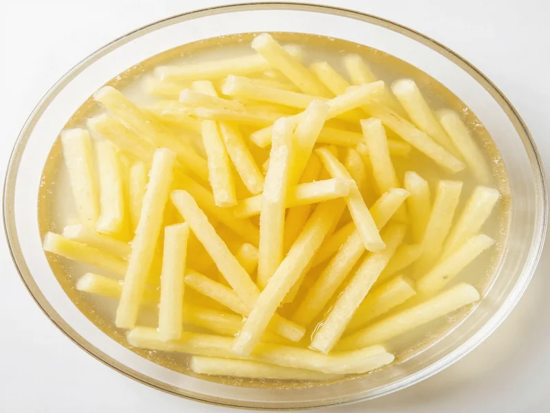 Potato sticks soaking in vinegar water solution