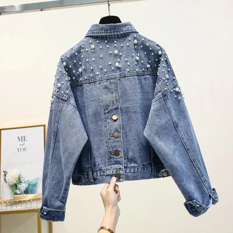 

2022 new women's denim jacket short loose all-match heavy beaded jacket, Blue