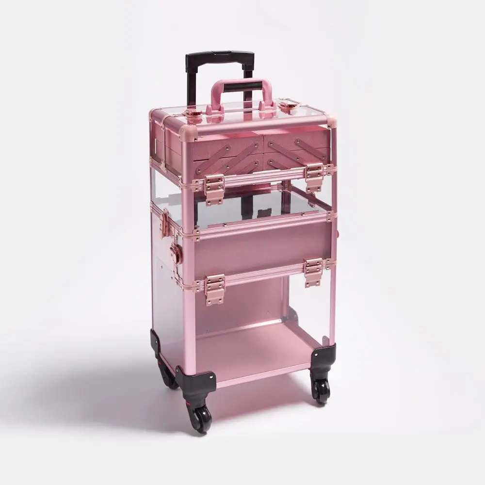 

rose gold Clear Aluminum Cosmetics pro makeup artist large size trolley rolling makeup case, custom logo good price make up case