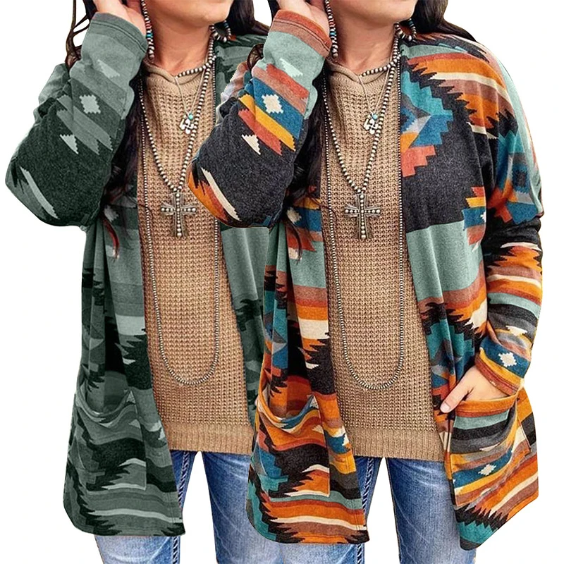 

Spring Fall Women Multi-color Aztec Print Pocketed Long Sleeves Open Front Long Cardigan