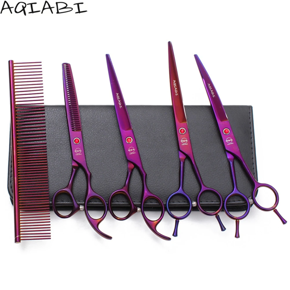 

7" AQIABI JP Steel Professional Dog Scissors Cutting Shears Thinning Shears Curved Shears Dog Grooming Kit A3002, Red handle