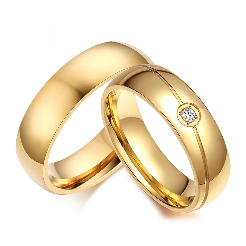 

Simple Gold Color Stainless Steel Couple Rings CZ Stones Wedding Rings Women Men Anniversary Alliance Jewelry