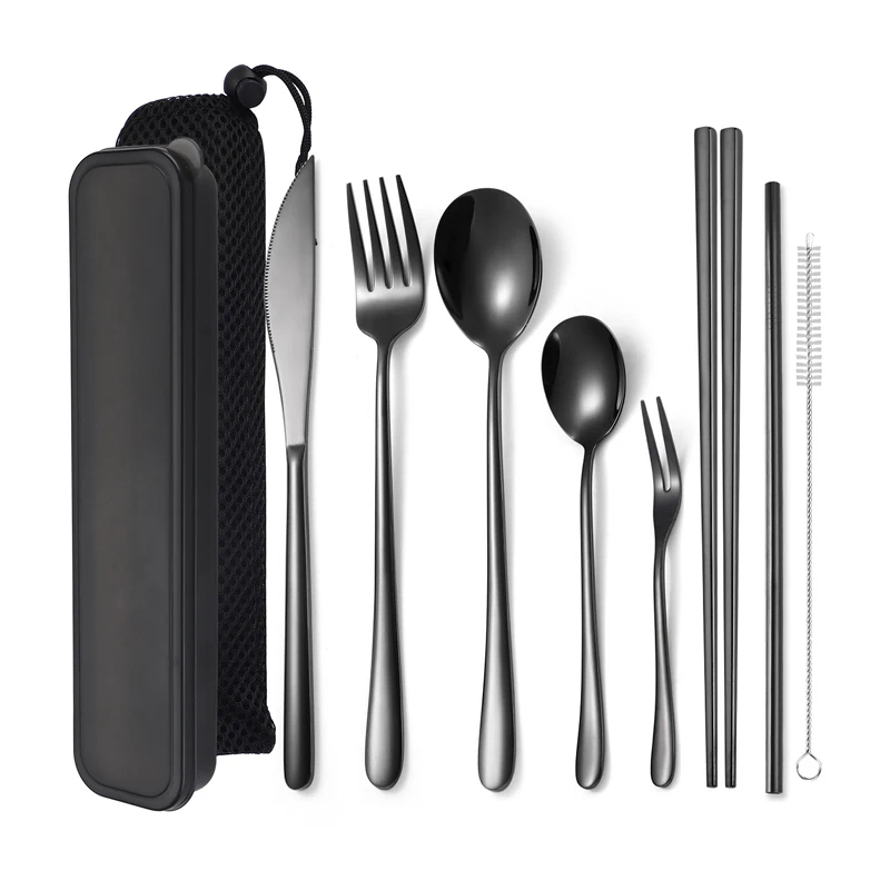 

10 Pcs/Set Stainless Steel Fork Spoon Chopsticks Travel Camping Cutlery Tools Tableware with portable box and bag, Silver