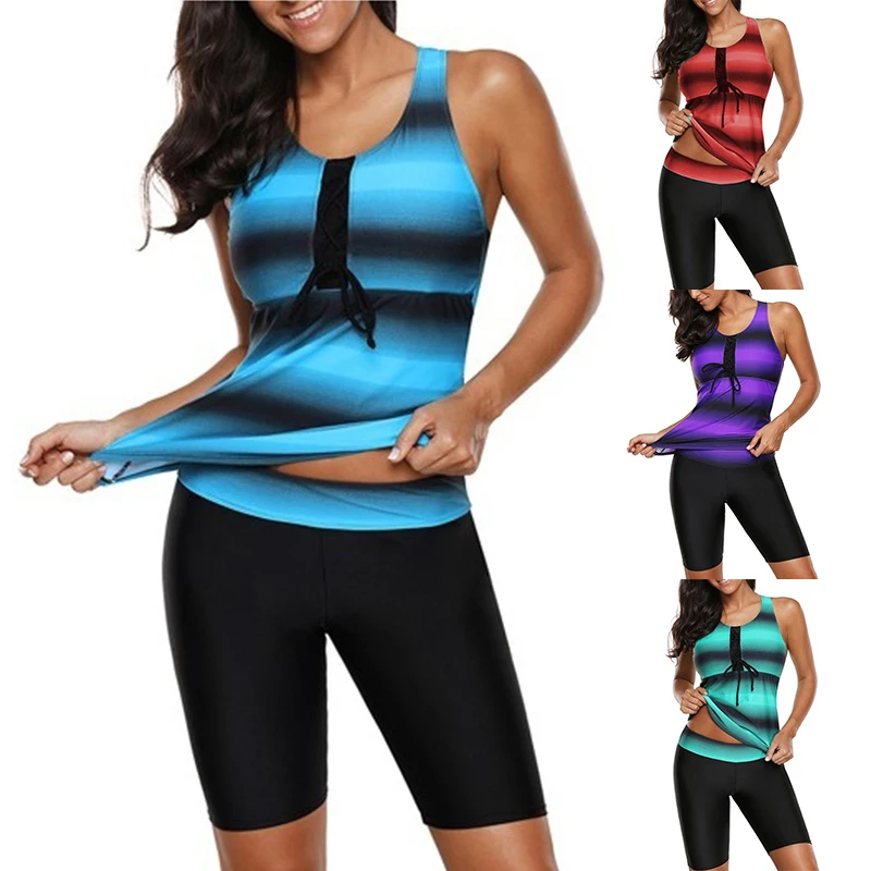 

Women Plus Size 5XL Tankini Set Push-up Striped Print Two Piece Swimsuit Conservative Summer Beach Swimwear Top+shorts