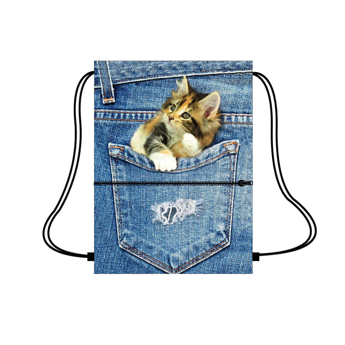 

Cute cat on jeans pocket design printing custom packaging bag drawstring washable reusable drawstring sports bag with mesh, Customized